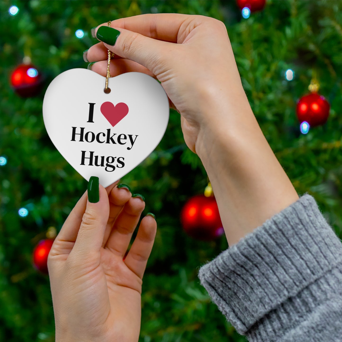 I Love Hockey Hugs Ornament